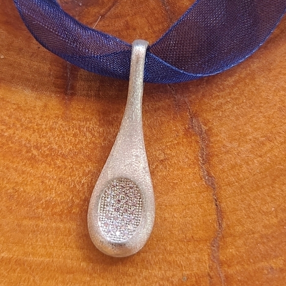 Silvertone Tennis Racket Rhinestone Ribbon Necklace - Picture 5 of 8